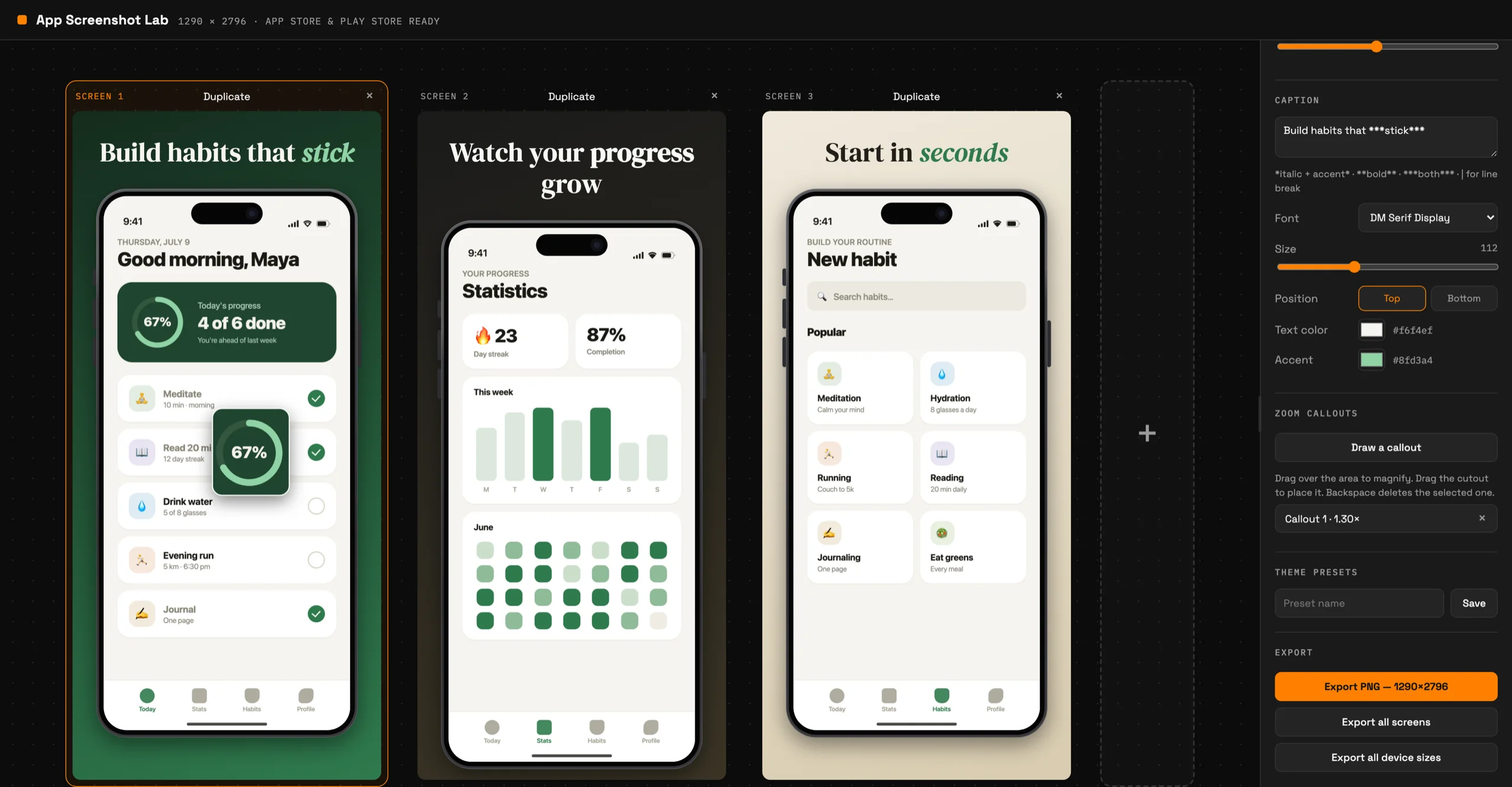 Three screenshot designs side by side on the AppScreenshotLab canvas