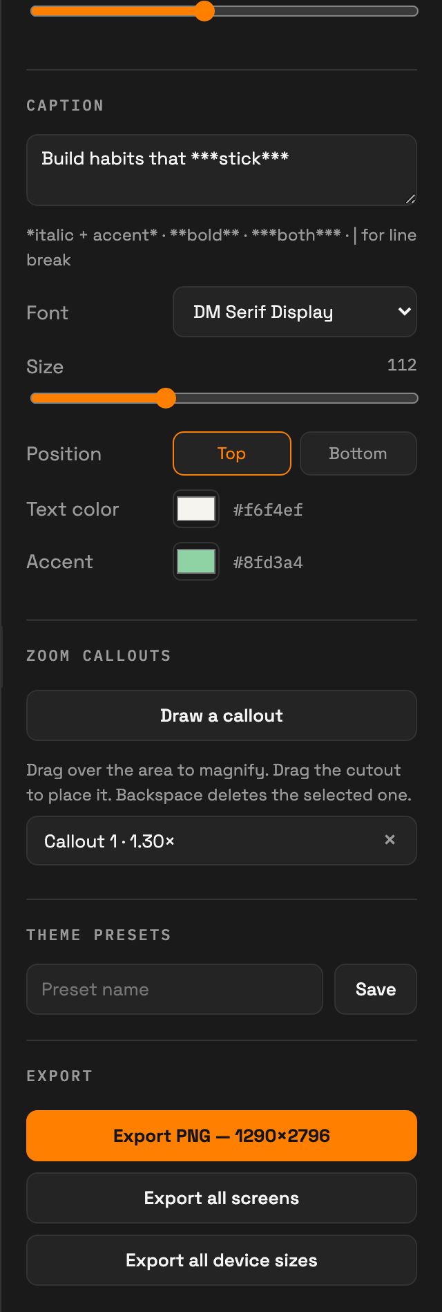 The AppScreenshotLab control panel showing background, caption, and callout controls