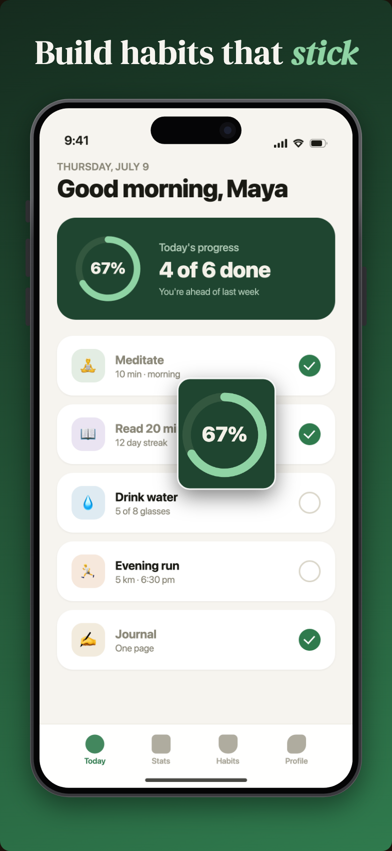 App Store screenshot with a zoom callout magnifying a 67% progress ring